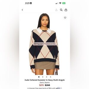 Joe's Jeans Navy, Cream & Red Argyle Collared Sweater